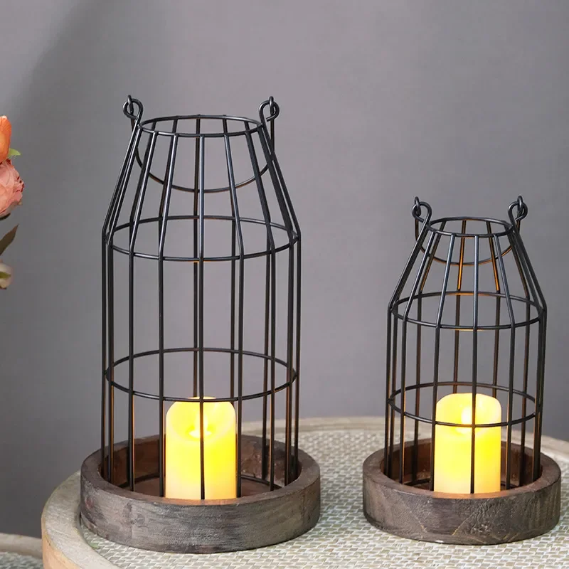 for Retro Wrought Iron Candlestick Hollow Grid Candle Cage Farmhouse Lantern Ornament for Restaurant Living Room Home