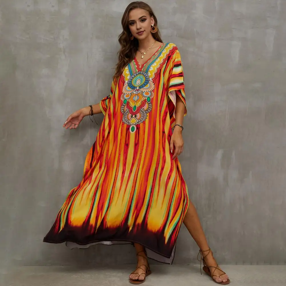 Loose Fit Strand bluse lose Resort Robe lebendige Farbe Druck Strand vertuschen Kleid V-Ausschnitt Kurzarm lose Passform für den Urlaub