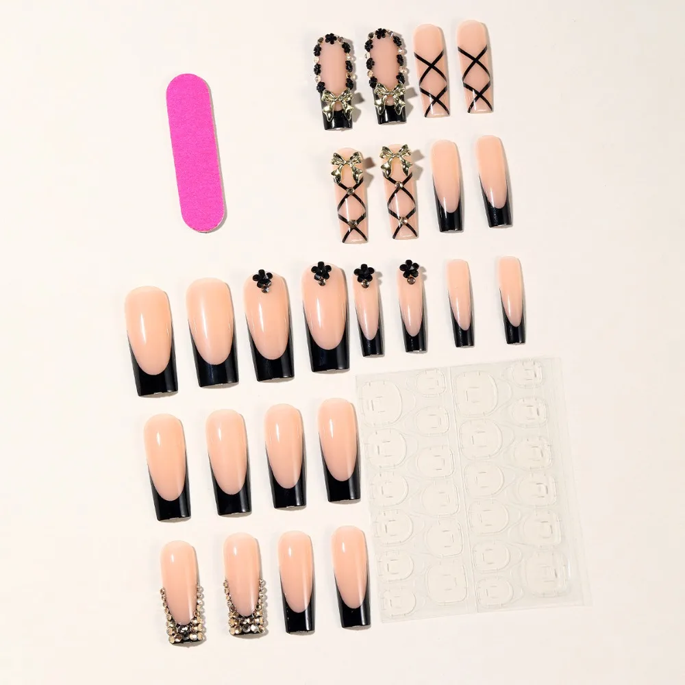 2025 جديد رائجة البيع طلاء الأظافر مقطع طويل البرية الأسود الفرنسية الجانب القوس المعدني خمسة البتلات زهرة الماس الصليب مخطط الأظافر وهمية