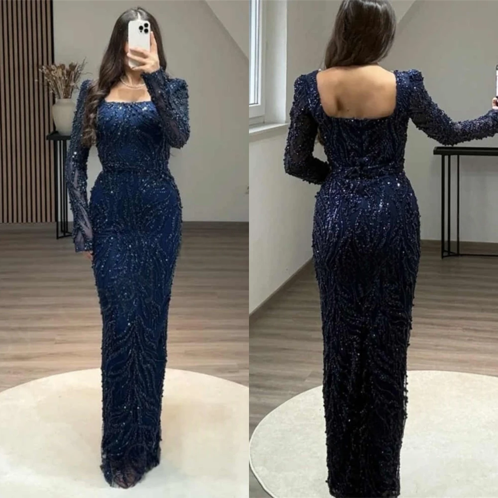 

Customized Formal Square Collar Evening Dress Exquisite Appliques Prom Dresses Temperament Long Sleeves Special Occasion Gowns