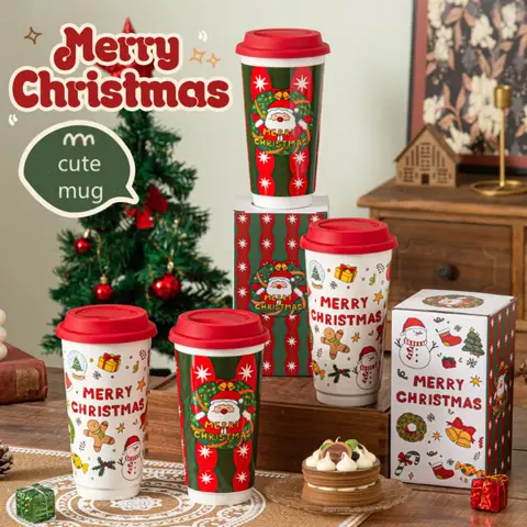 Christmas Ceramic Mug Coffee Cup with Silicone Lid and Gift Box Latte Mug 580ml Here Comes Santa Claus Gifts for Kids Mom Lovers
