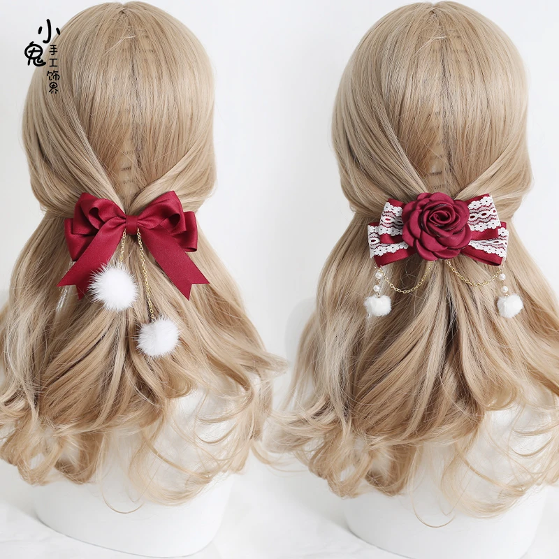 Original hair bulb dark red hair Chinese wind bowknot tassel hair hoop double horsetail hair clips KC