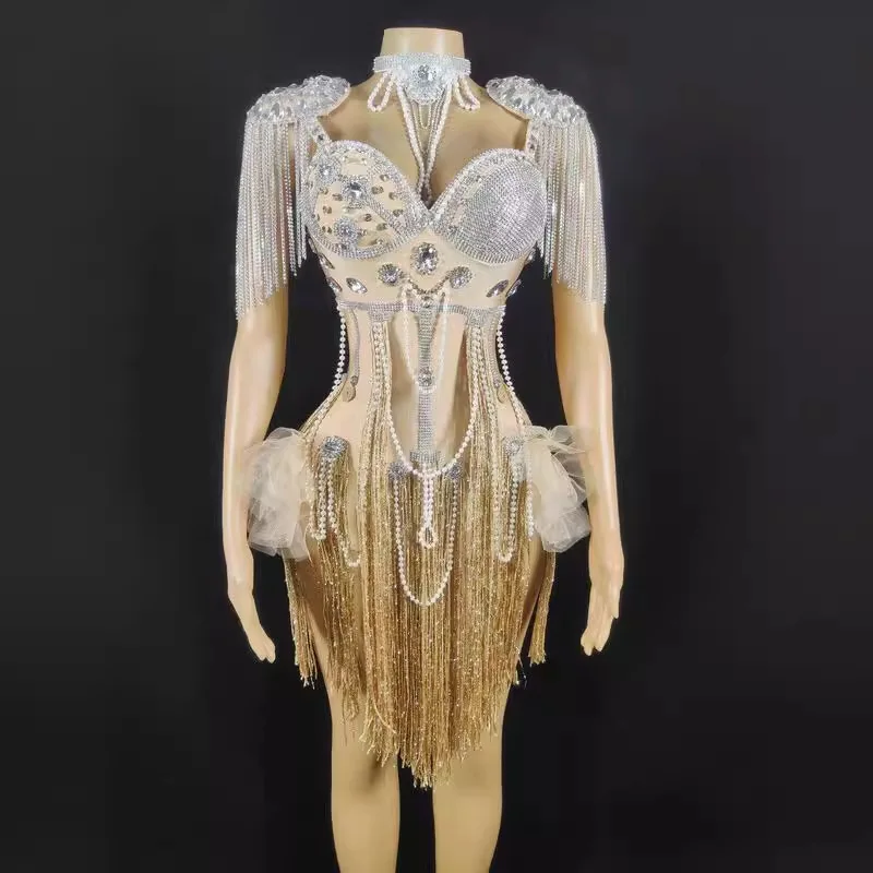 의상 무대 쇼 다이아몬드 럭셔리 민소매 백리스 술 드레스 숙녀 우아한 댄스 파티 멋진 한 Robe De Soirée Femmes