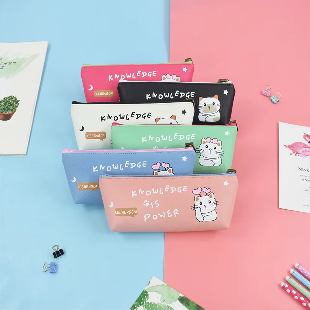 Korean style minimalist cute cartoon cat large capacity pu pencil case student stationery organizer waterproof triangular