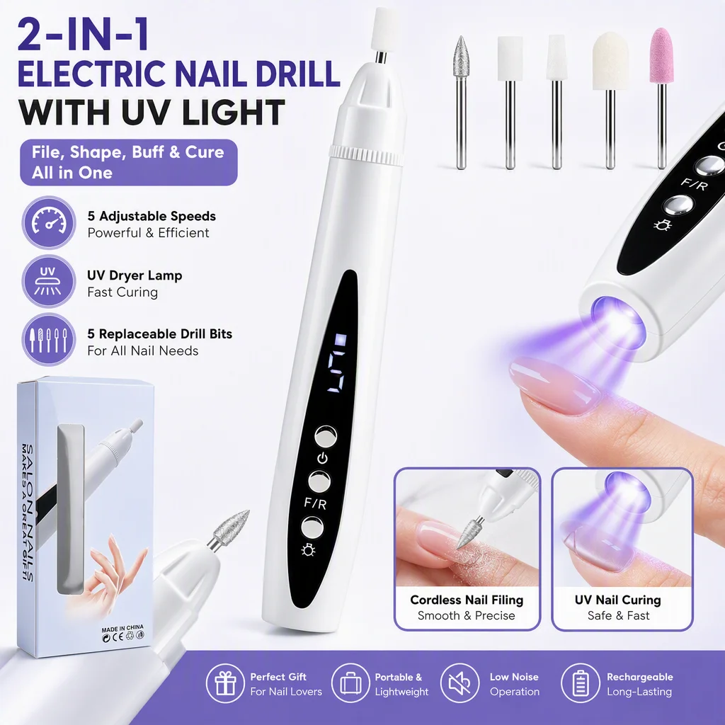 Cordless USB Rechargeable Electric Nail Drill Machine 5 Speed LCD Display Low Noise With 5 Grinding Bits Built-in UV Lamp Kit