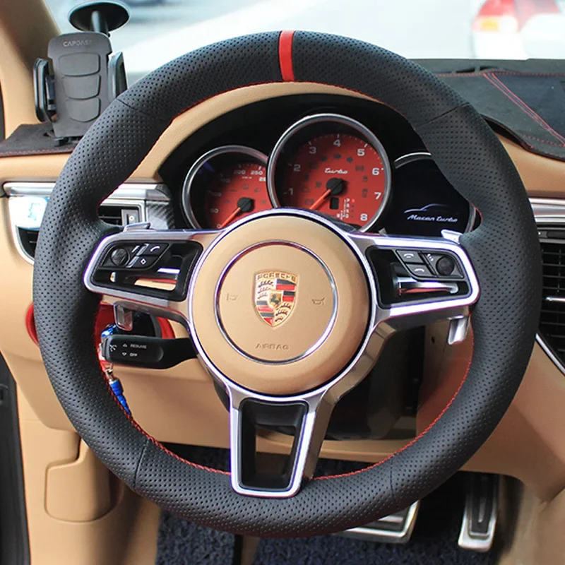 

DIY Hand Sewn Leather Car Steering Wheel Cover for Porsche Macan Cayenne Panamera 718 Interior Car Accessories