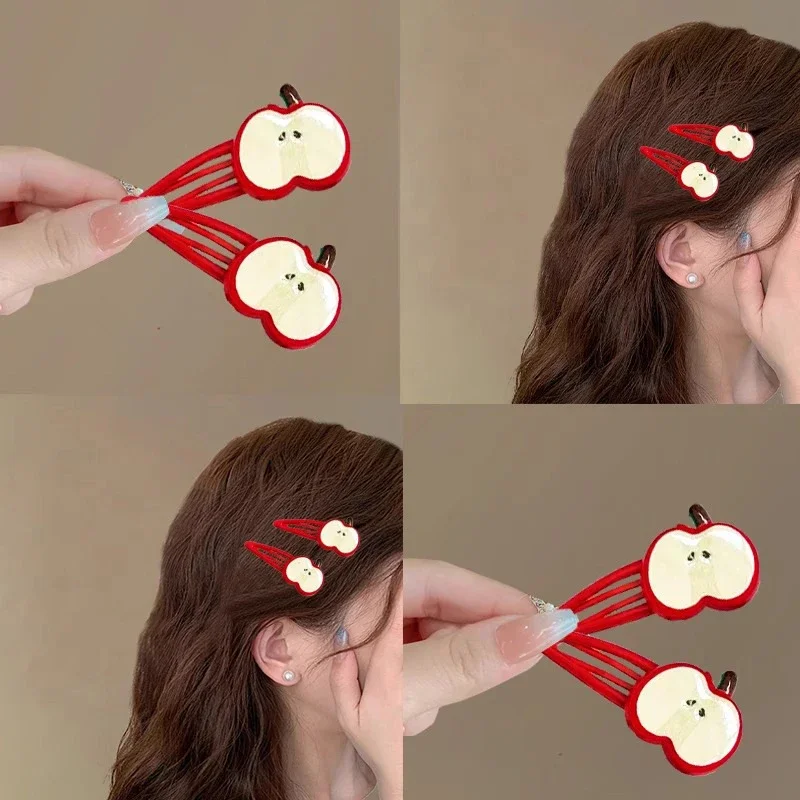 2Pcs Cute Apple Hair Clip Star Duckbill Clip Sweet Girl Hair Pin Bangs Side Clip Woman Headwear Barrette Hair Accessories