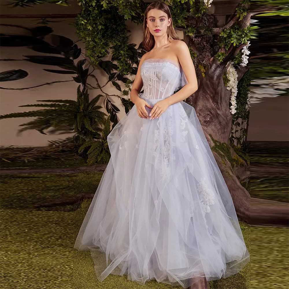

Elegant Tulle Long Evening Dresses Strapless Applique A-Line Floor Length Backless Illusion Formal Prom Party Gowns Custom Made