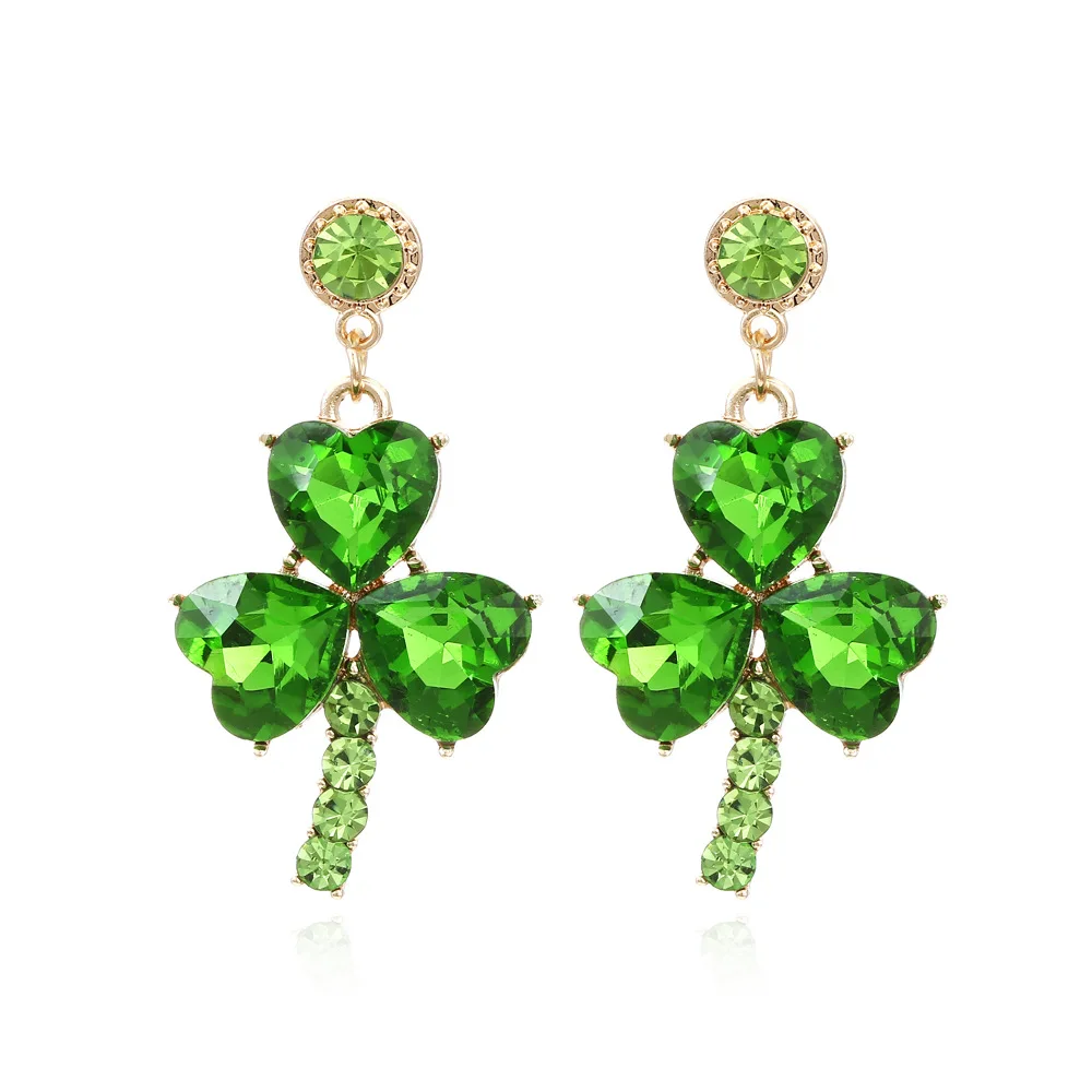 GREEN SHAMROCK HEART PAVE CRYSTAL CLOVER EARRINGS Emerald St Paddys Day Earrings for Women Irish May Jewelry Three Leaf Clover