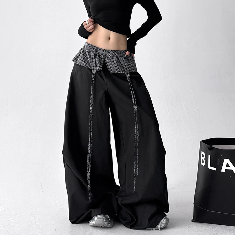 

2026 Japanese Y2K Fashion Vintage Black Patchwork Baggy Women's Jeans Pants Wide Leg Woman Clothing Casual Cotton Denim Trousers