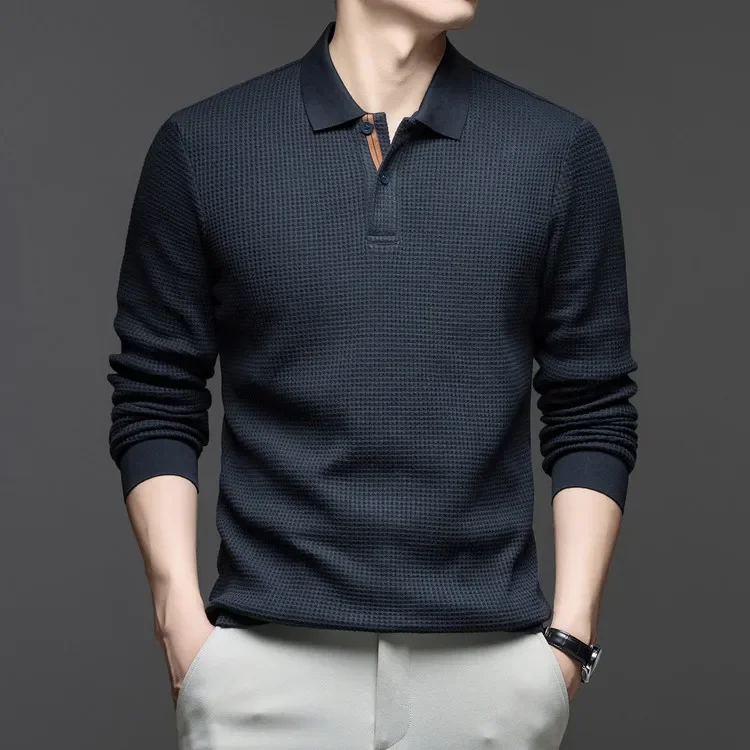 Langarm-Poloshirt aus Waffelstrick – Weiche Baumwollmischung, Slim Fit, Lässiges Business-Oberteil für Herbst und Winter, Mehrfarbig – Detail 11
