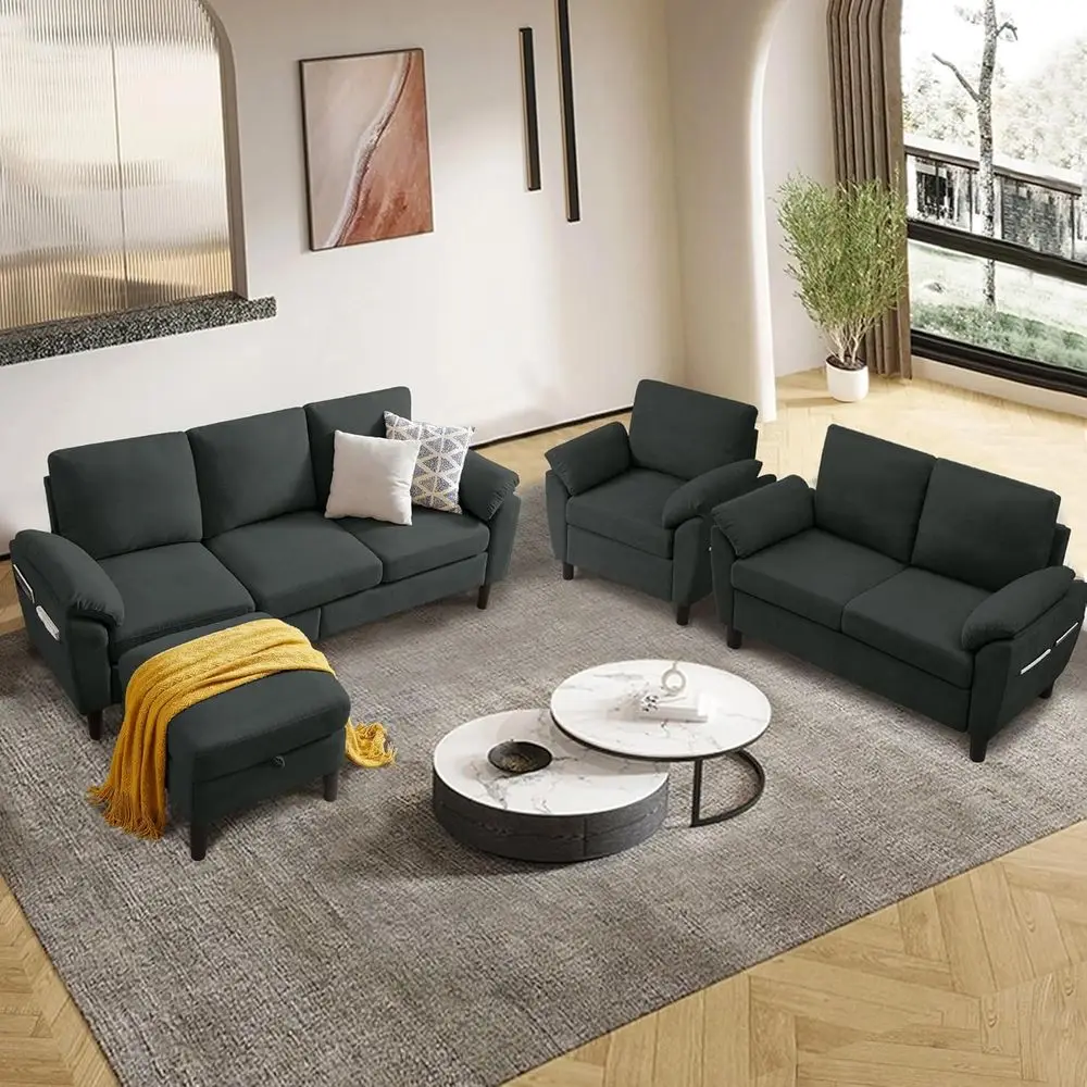 طقم أريكة مقطعية قابلة للعكس مكون من 4 قطع من الكتان، أريكة صغيرة على شكل حرف L، 3 مقاعد، مقعدين، كرسي بذراعين للمعيشة والمكتب