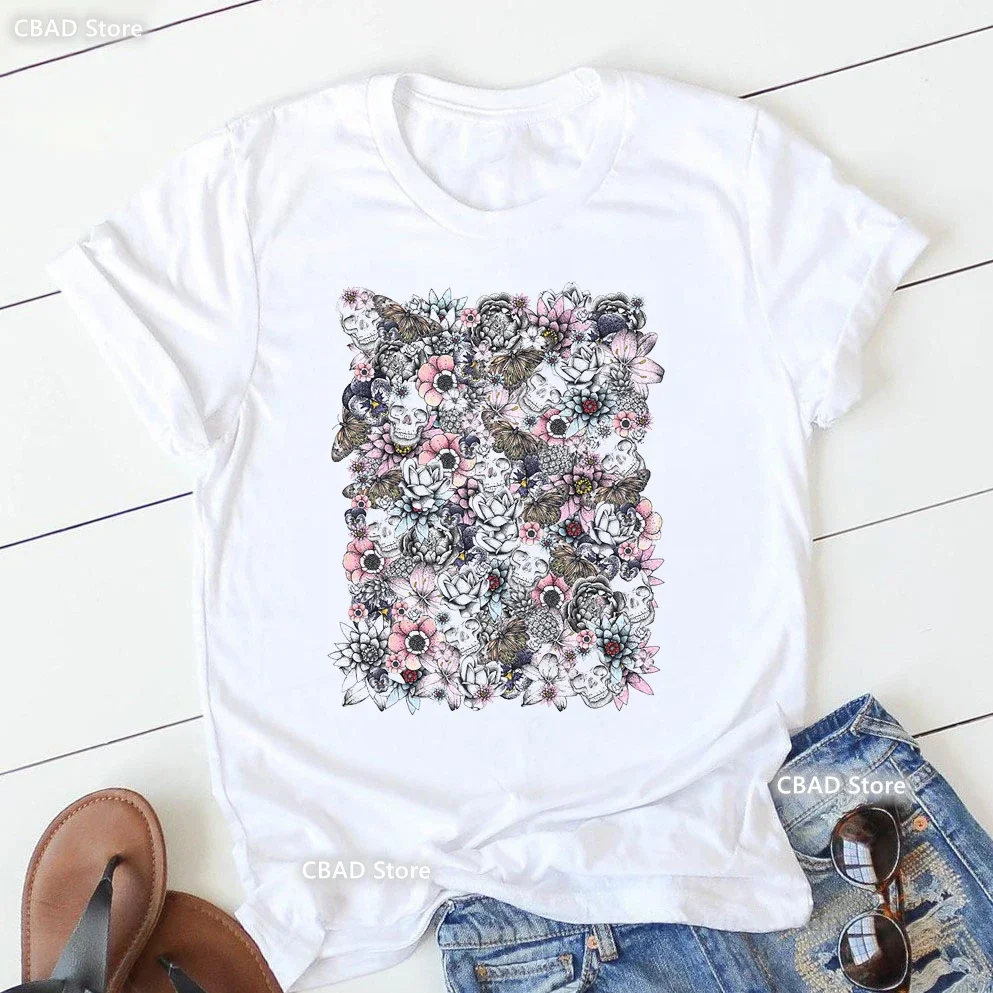 Skull Human Anatomy Floral Print Tshirt Women Black Red Watercolor Roses Mask Cool T Shirt Femme Summer Fashion T-Shirt Female