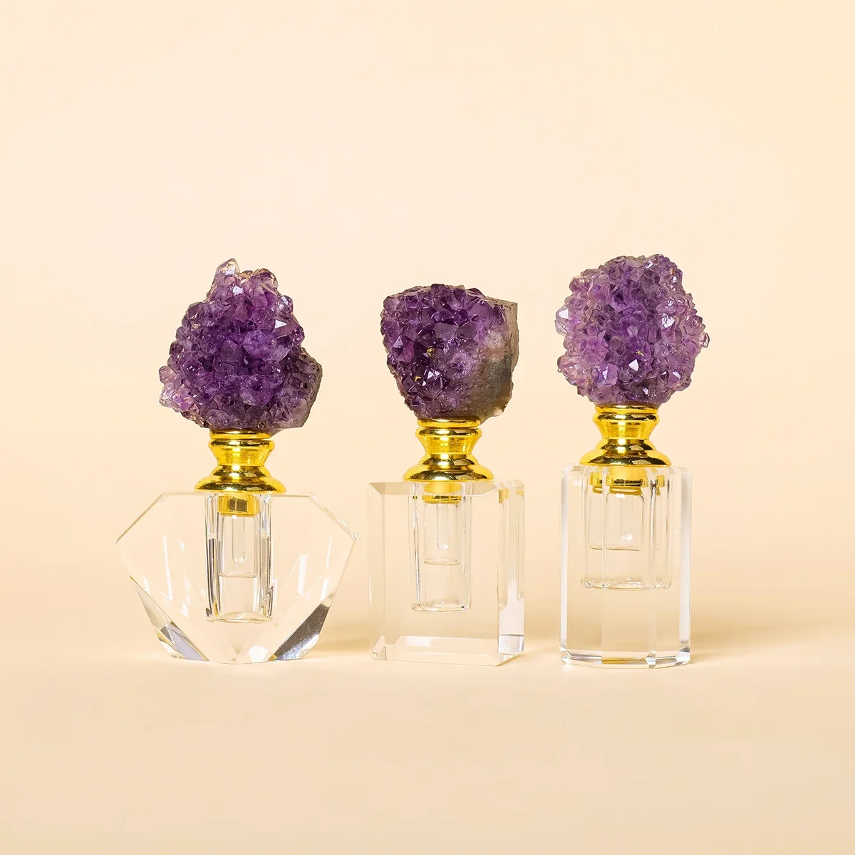Bouteille d'huile essentielle en pierre de guérison, grappe d'améthyste en cristal naturel, flacon compte-gouttes de parfum vide et rechargeable, récipient cosmétique