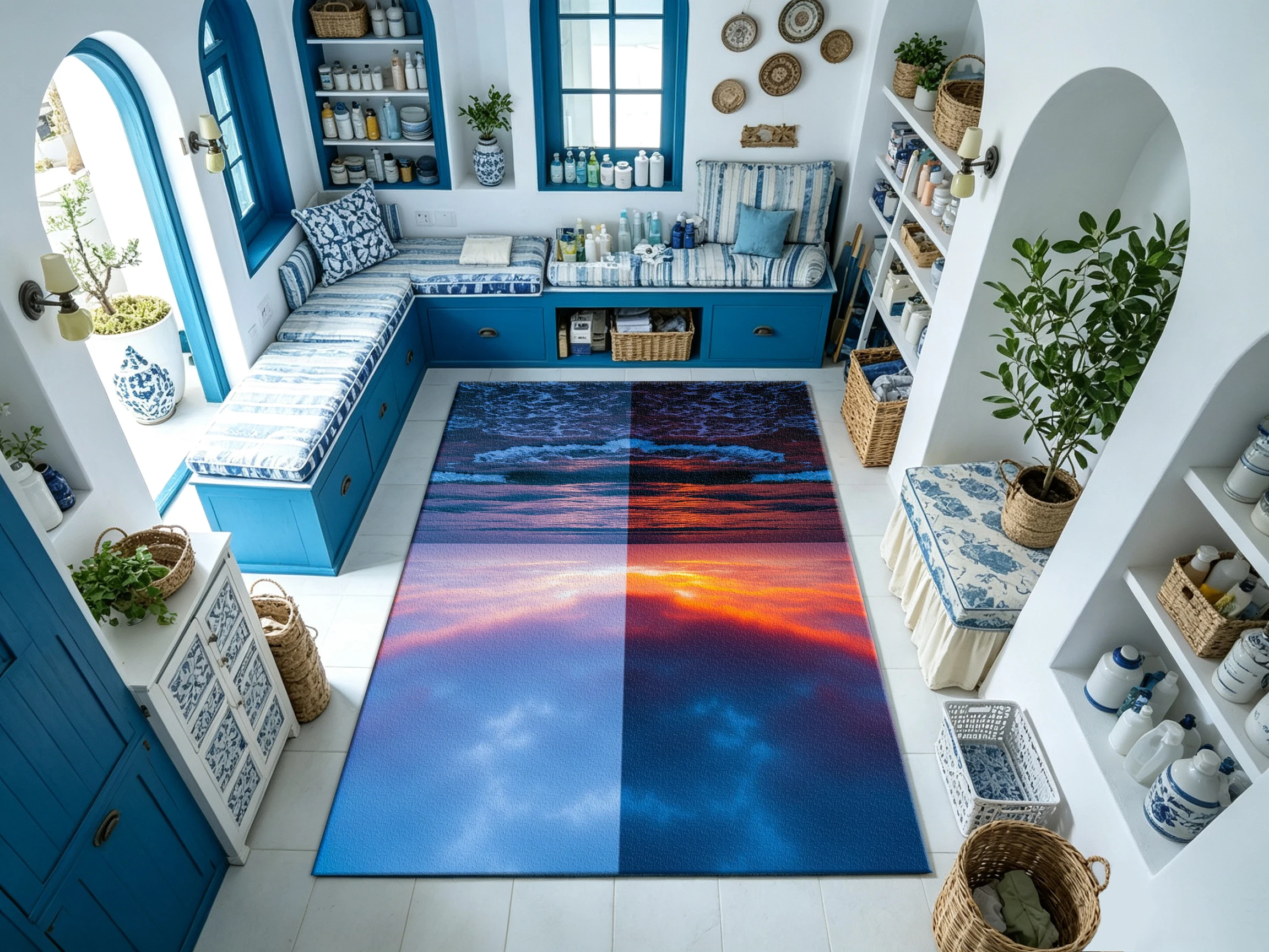 Four-Piece Spliced Sunset Seascape Carpet Modern Landscape Art Carpet Indoor Home Office Floor Decoration