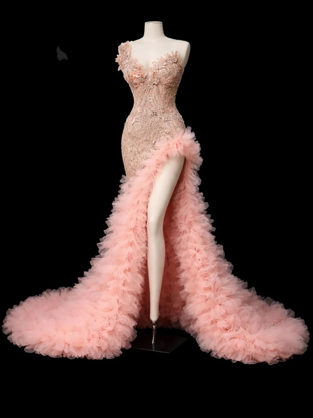 

Blush Pink Beaded High Slit Prom Dress Ruffled Tulle Train Mermaid Formal Evening Party Gown Customized