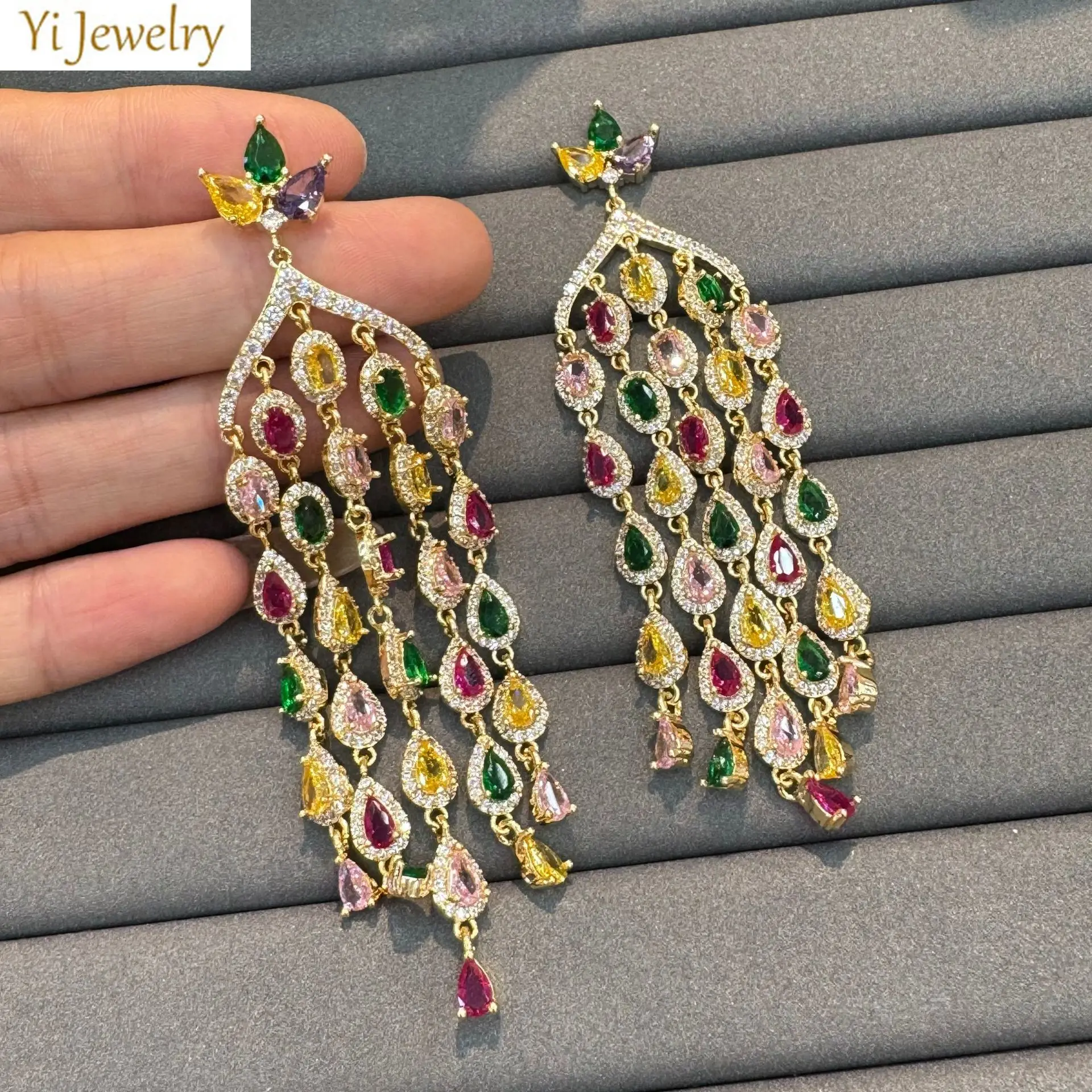 

luxury earrings for women dinner party gown jewelry long dangling earrings water drop chain tassel yellow multicolor zirconia