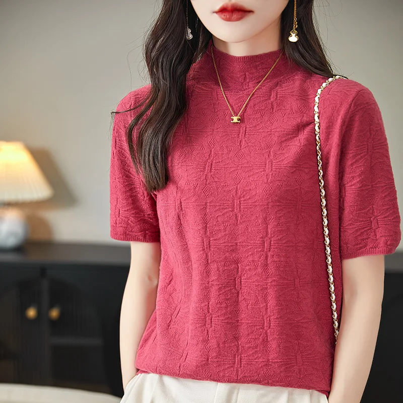 2024 Summer Women's Sweater Short Sleeve Pullover T-shirt Pure Wool Knitwear Half High Neck Loose Versatile Slim Fit Fashion Top