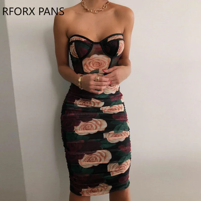 Women Floral Print Ruched Sleeveless Skinny Midi Dress Party Sexy Dress for Women