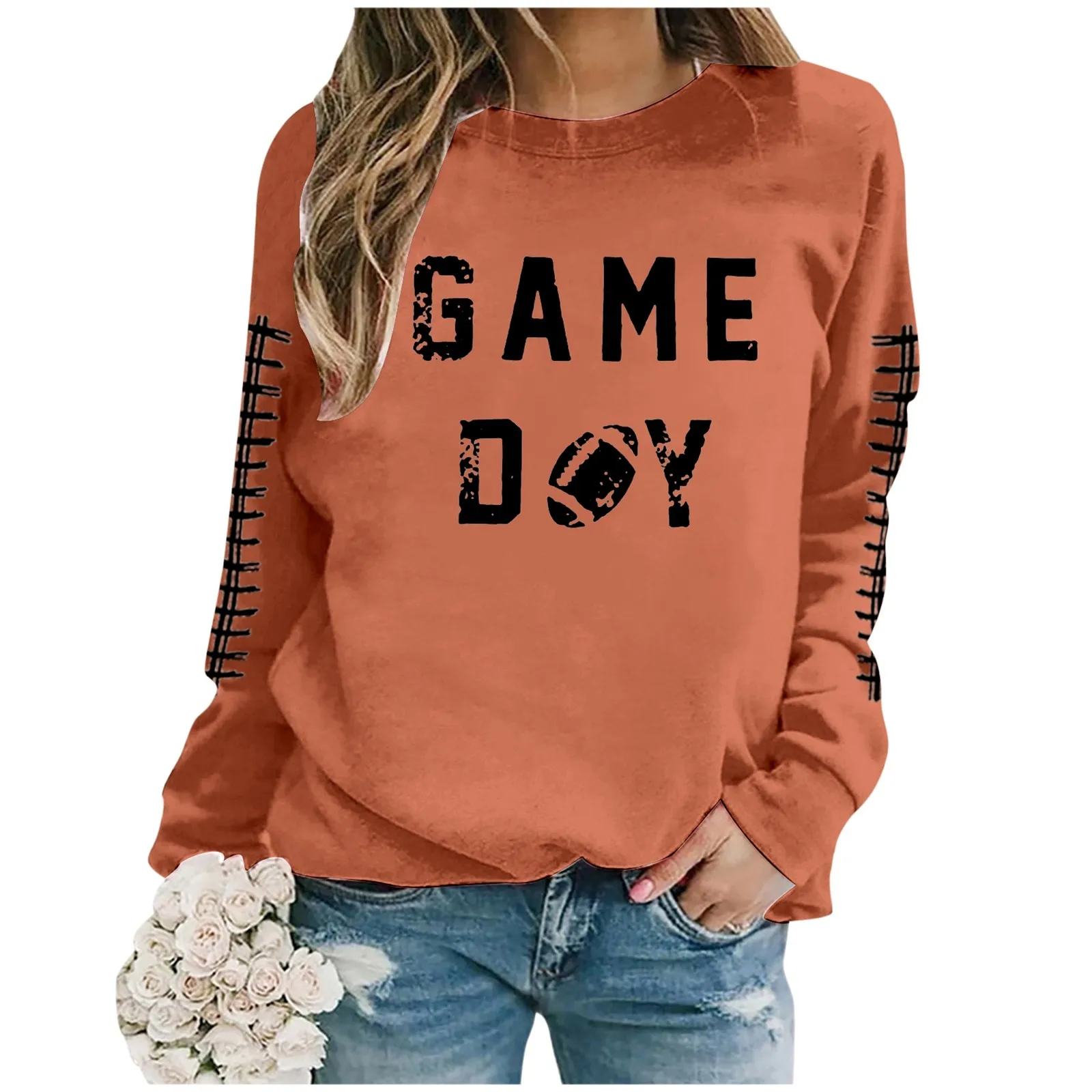 Game Day Women Football Printed Sweatshirts Casual Long Sleeve Graphic Crew Neck Oversized Loose Sweatshirts Women Pullover Top