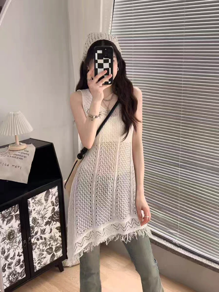 خريف موضة جديدة مهدب الجوف الخامس الرقبة محبوك سترة بلوزة المرأة فضفاضة الجوف المتوسطة وطويلة بلوزة بلا أكمام