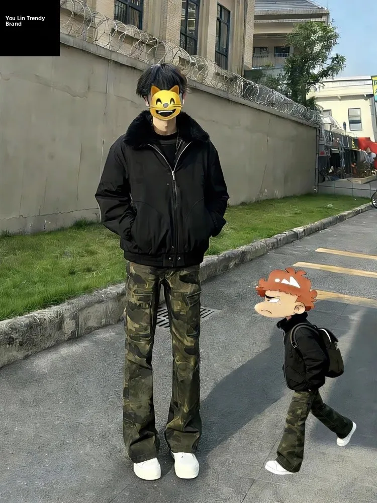 

Джинсы Cleanfit с камуфляжным принтом, на флисовой подкладке, прямого кроя, облегающие, в американском стиле, рабочие, с высокой талией, молодежные, трендовые, повседневные, для поездок на работу