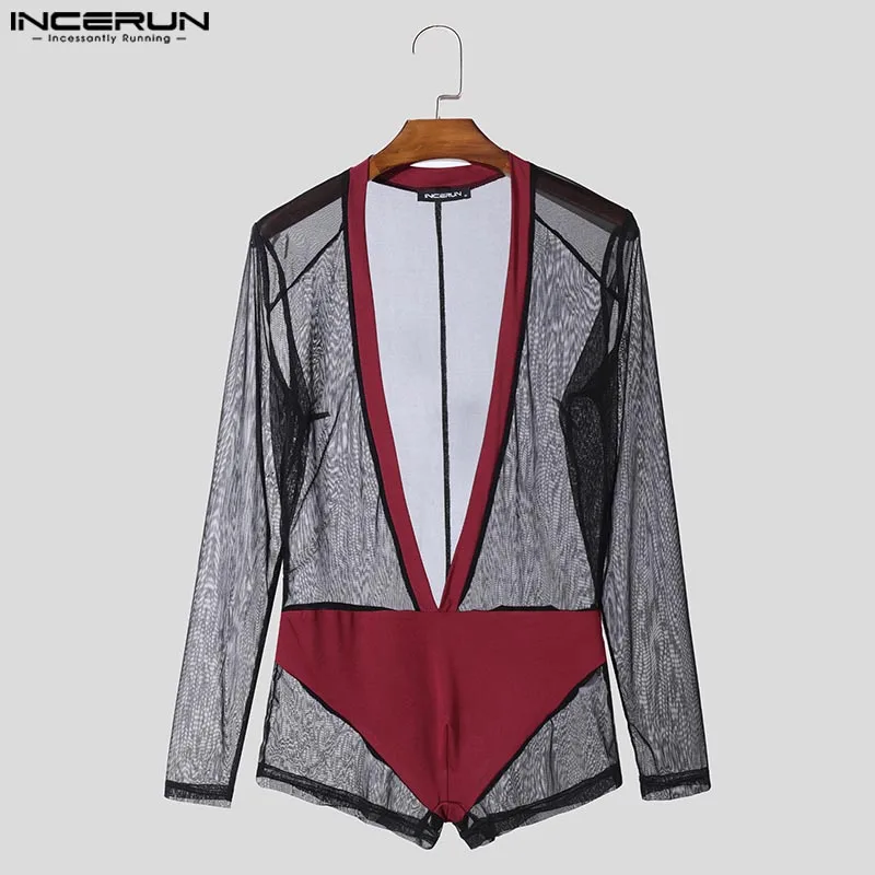 INCERUN 패치 워크 여름 봄 남성 바디 슈트 v 넥 긴 소매 남성 Rompers 섹시한 streetwear 2025 패션 바디 슈트 S-3XL