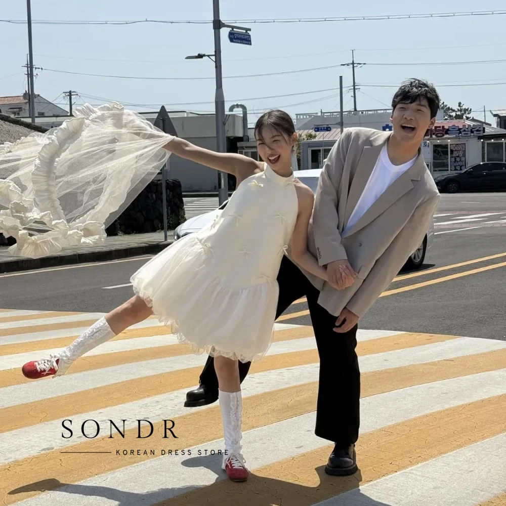 Sondr Customized Lovely Bow Silk Satin Short Korean Wedding Dress Photo Shoot Mini Bride Gown Formal Party Reception Dress