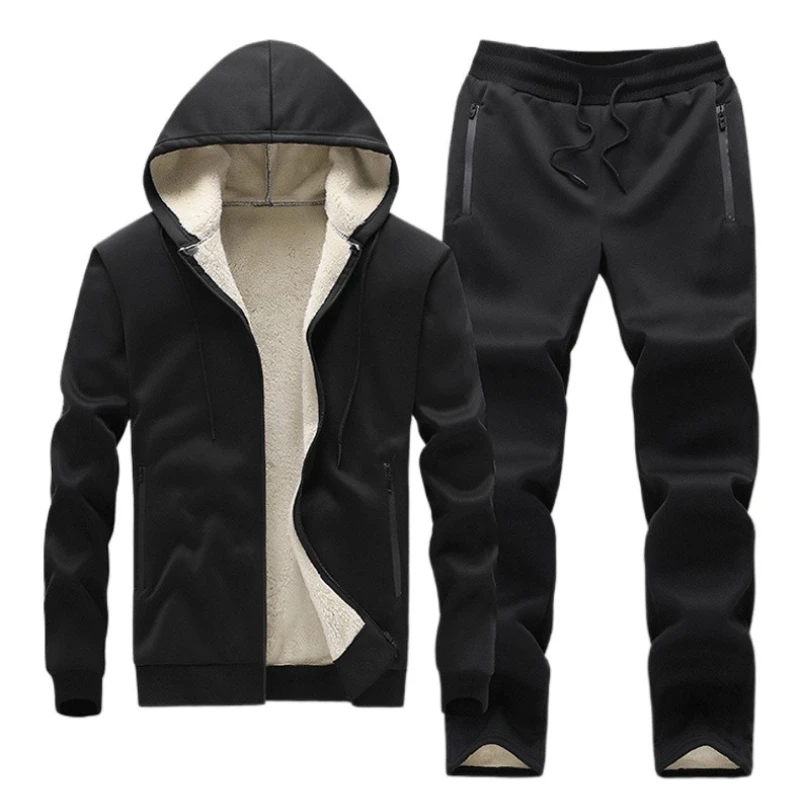 

Новый осенне-зимний мужской повседневный комплект спортивной одежды, мужской комплект из двух предметов на молнии с капюшоном, флисом и утолщенным комплектом в корейском стиле