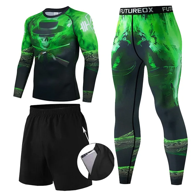 3 Piece Men's Muay Thai Men MMA Kickboxing Sport Suit BJJ  T Shirts Rash Guard Fitness Tracksuit Boxing Jersey Running Set 57