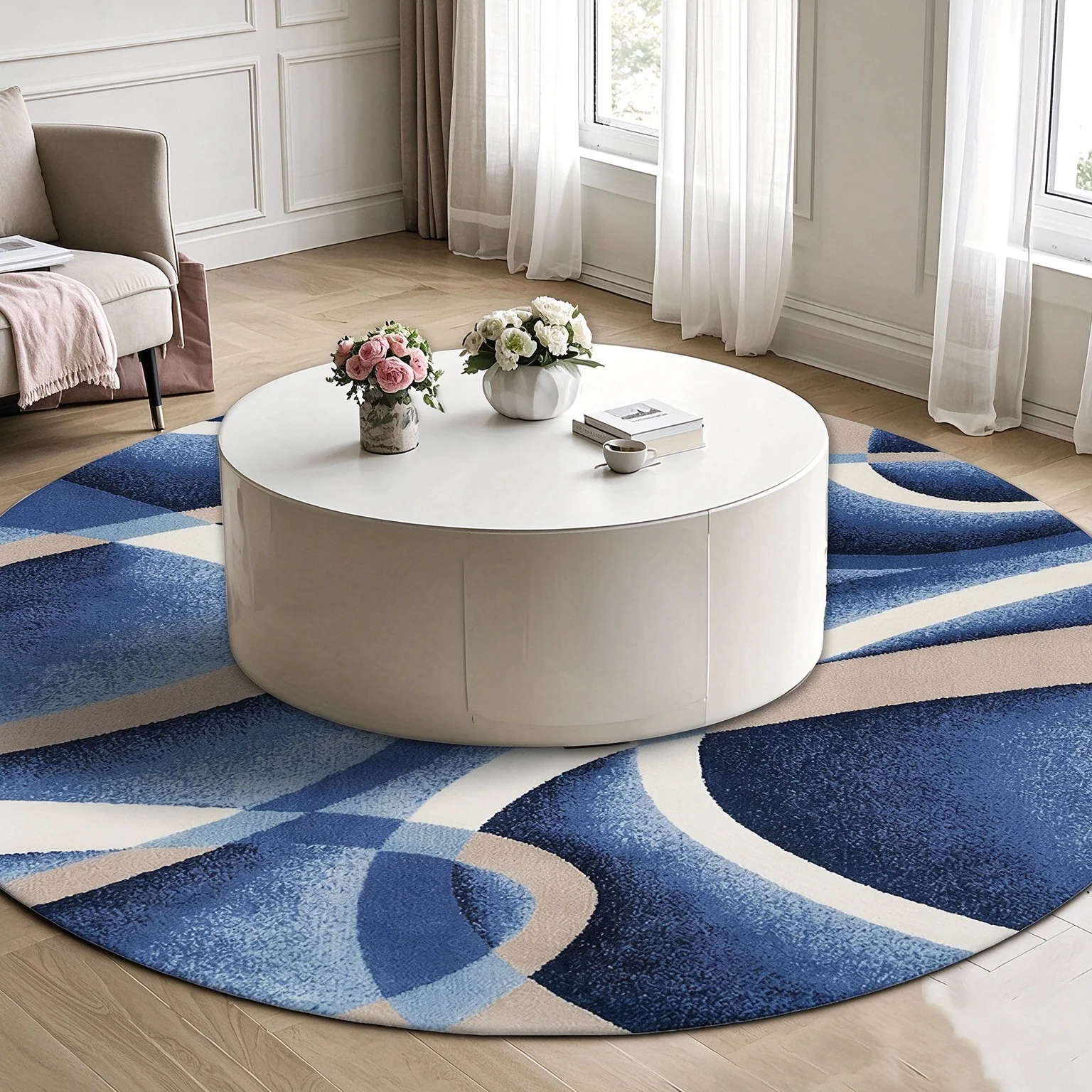 2D Flat,Modern Abstract Blue Swirl Round Rug – Geometric Curved Circular Mat Home Decor Rug for Living Room, Bedroom, or Beside the Sofa