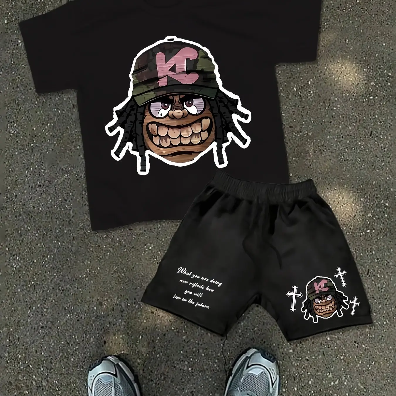 

Men's Summer Casual Suit Y2K Printed Short Sleeve T-Shirt and I HAVE NO IDEA Pattern Shorts Cotton Summer Shorts