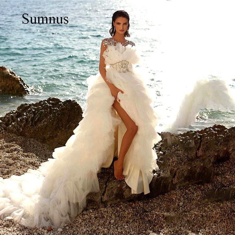 Sumnus luxo praia vestido de casamento 2022 em camadas tule cristal beading perna alta divisão vestido de noiva longo lindo vestidos de noiva