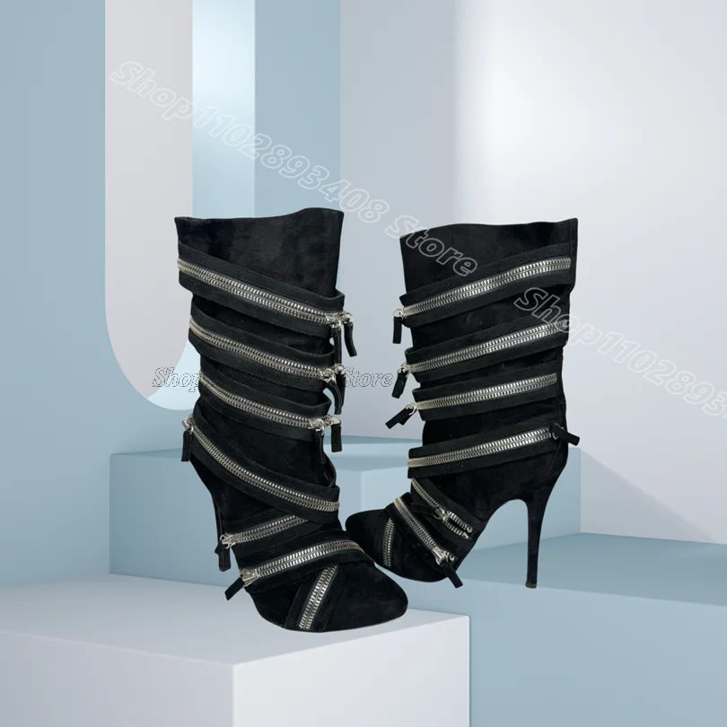 

Black Zip Decor Short Flock Boots Pointed Toe British Style Stylish Spring Design for Women Party Boots 2025 Zapatos Para Mujere