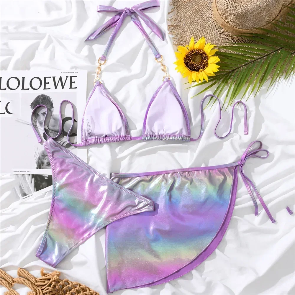 Purple Shiny Crystal Swimwear with Cover Up 3 Piece Bikini Set Sexy Micro Thong Swimsuit Women Beachwear String Halter Bikinis