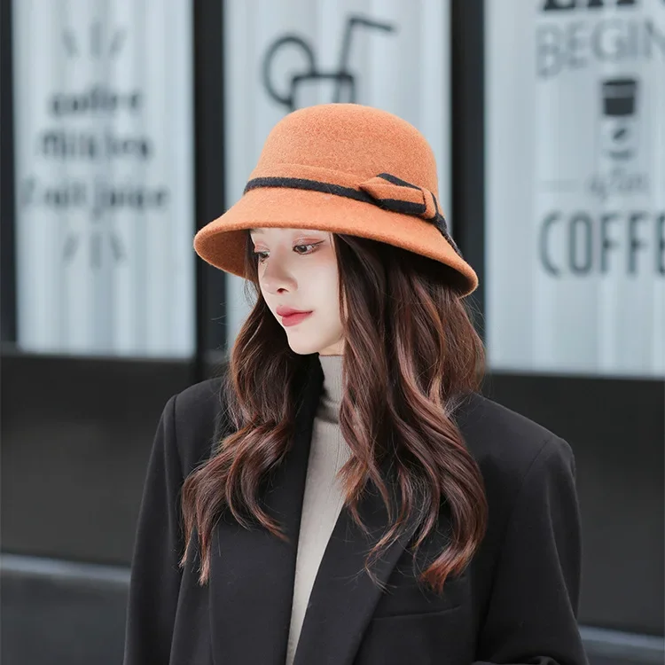 Vintage Women Bow Visor Hat Fashion Furry Bucket Hat Autumn Winter Korean Version Fluffy Panama Hat Warm Ladies Fisherman Cap