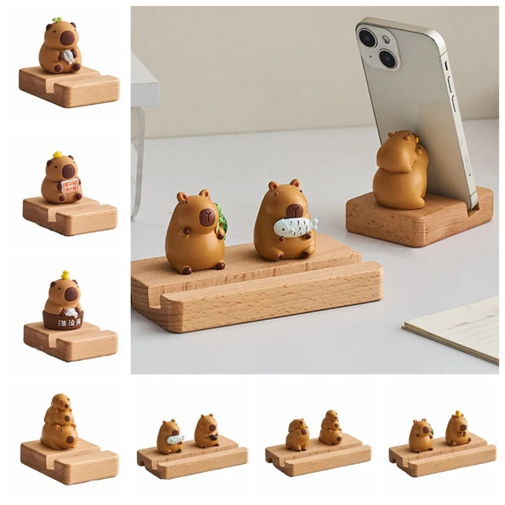 Figure Model Capybara Phone Holder Support PVC Doll Capybara Mobile Phone Stand Animal Wooden Capybara Cell Phone Bracket