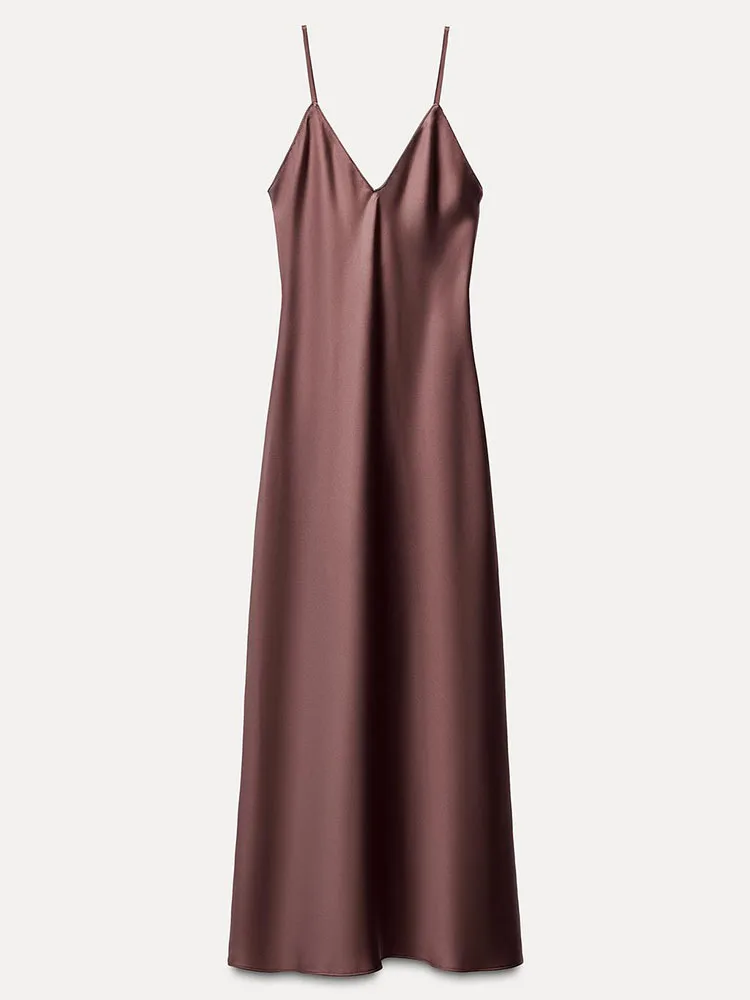 فستان نسائي جديد من الحرير الساتان الأنيق والجذاب بدون أكمام وبدون أكتاف، بتصميم V-ne وتنورة متوسطة الطول، مناسب للتنقلات ا...