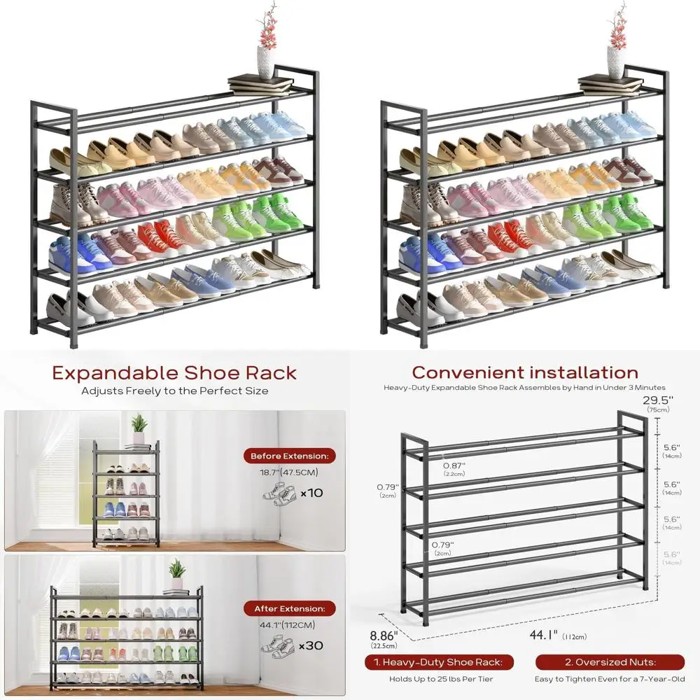 

Регулируемая 5-ярусная полка для обуви, ширина 18–44, вмещает 25–30 пар, металл, серый