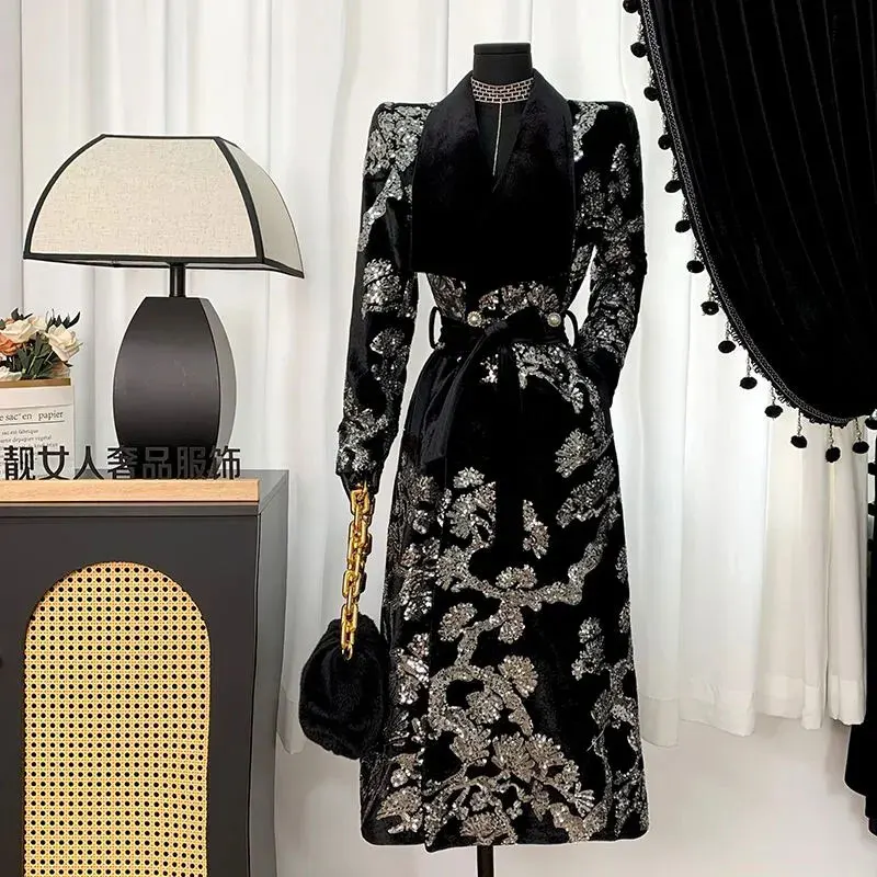 

High End Elegant Winter Trench Coat Women 2025 New Mid Length Heavy Duty Sequined Flocked Lace Up Cinching Slimming Overcoat