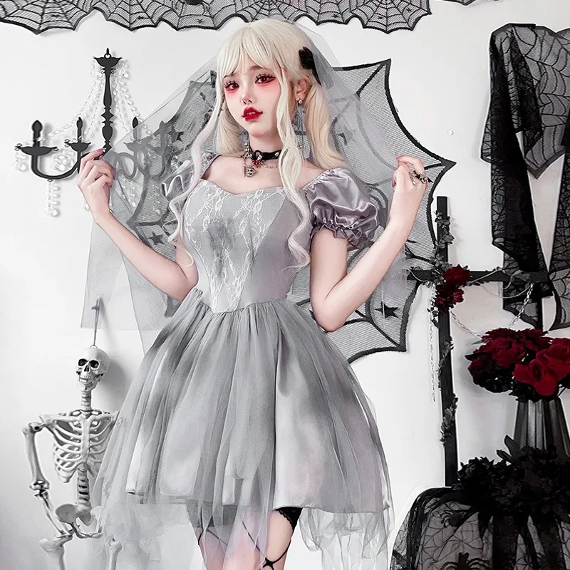 Disfraz de Novia Fantasma de Halloween para Mujer, Vestido Gótico Gris Transparente con Velo, Traje de Novia de Alma Oscura para Fiesta de Disfraces de Halloween