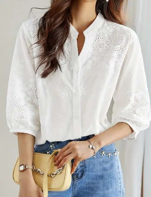 

2025 Summer Elegant New Fashion Casual Sexy Style Solid Color Shirt White Embroidered Shirt Pullover Top for Women