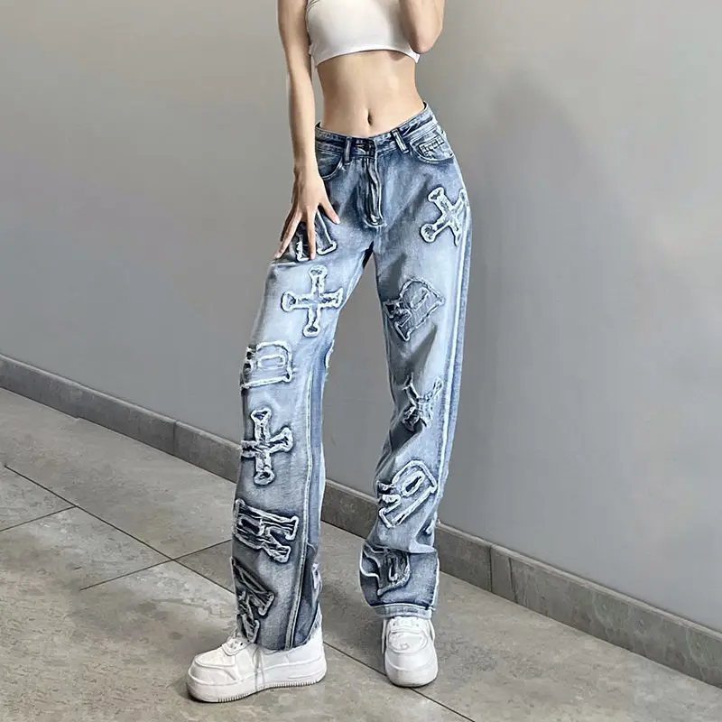 Jeans High Quality Letter Patch Design Low Waist Slim Loose Jeans Women'S Autumn Harajuku High Street Retro Jeans