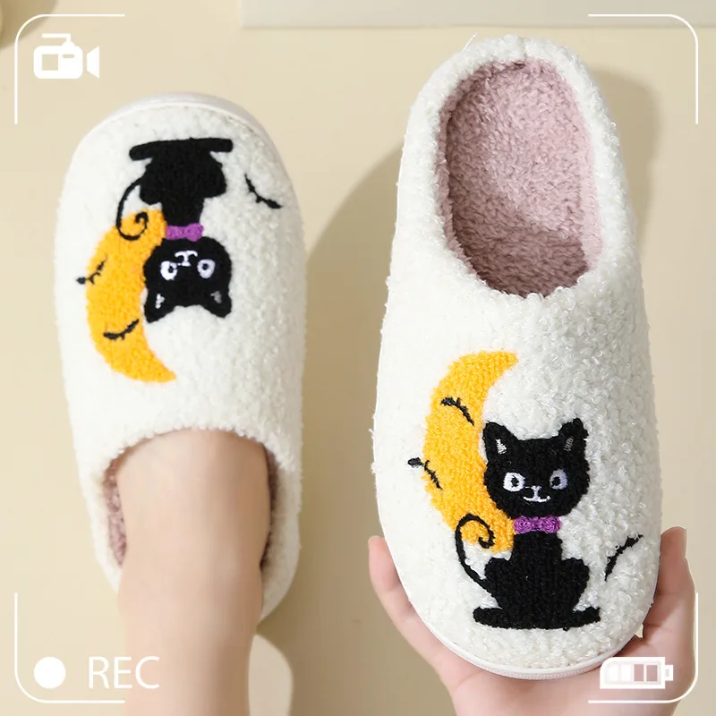 Cute Cartoon Moon Cats Pattern Slippers Women Casual Soft Sole Plush Lined Home Shoes Woman Non-slip Comfort Warm Winter Slipper