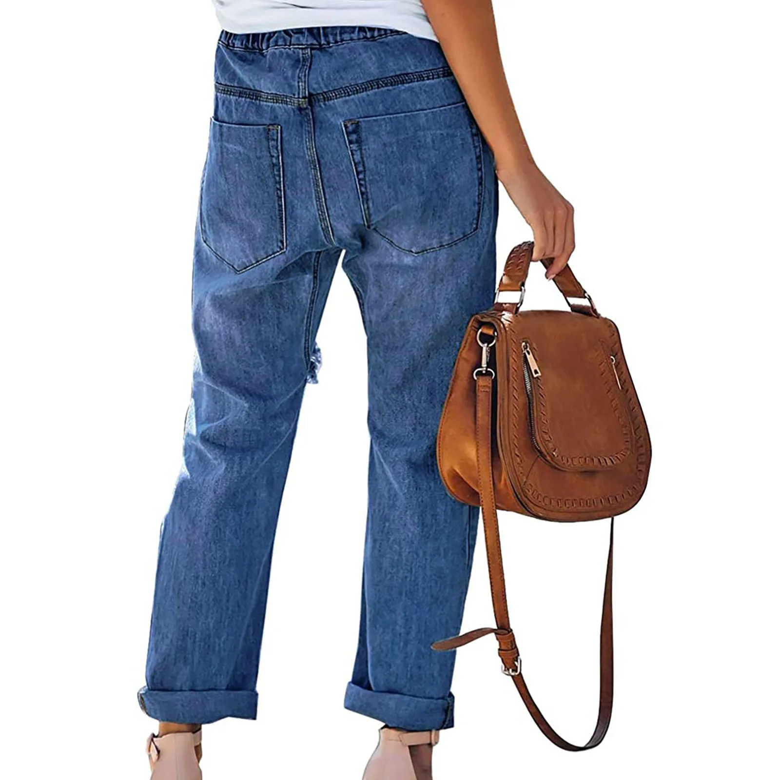 New Fashionable Ripped Denim Trousers Versatile Elastic Waist Drawstring Style Casual Loose And Comfortable Trousers Women Jeans
