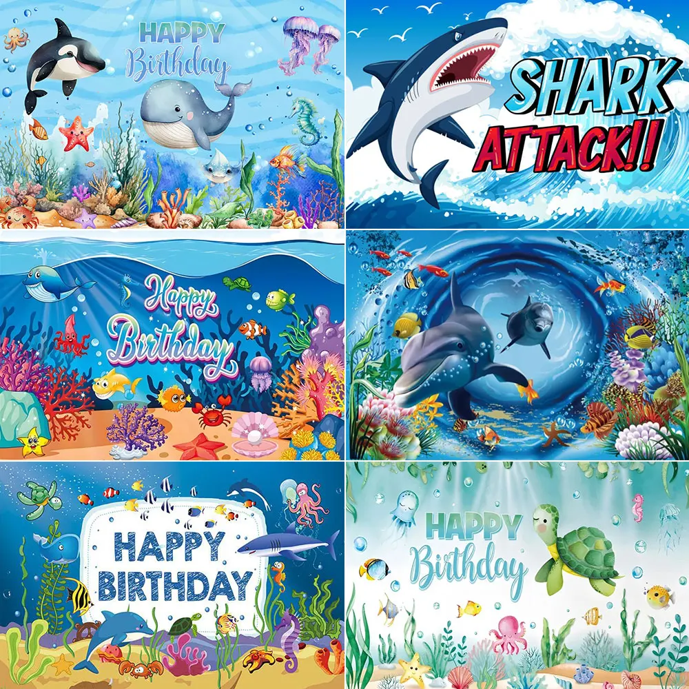 

Under The Sea Summer Ocean Shark Theme Birthday Party Custom Decor Kids Boy Background Cute Dolphin Starfish Event Banner Props