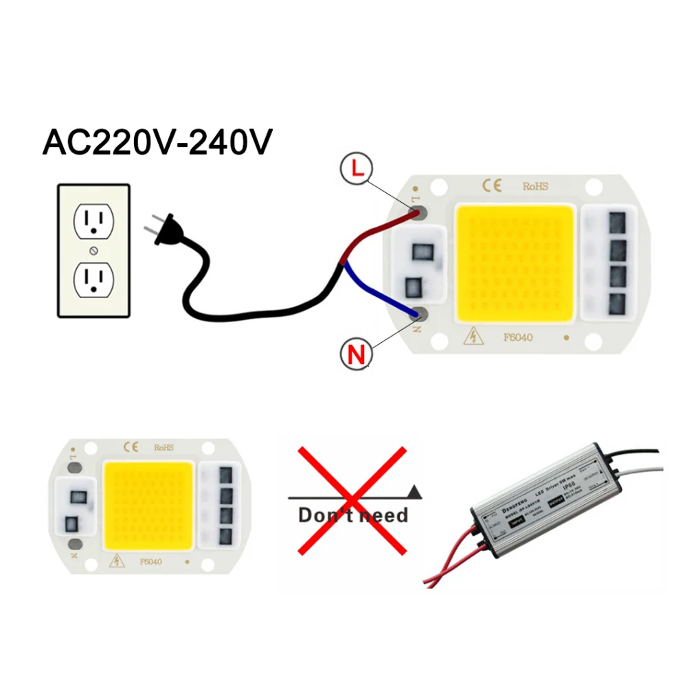 Chip COB LED de 20W, 30W, 50W, sin necesidad de controlador, CA de 220V, cuentas de lámpara LED blancas cálidas para foco de luz de inundación,