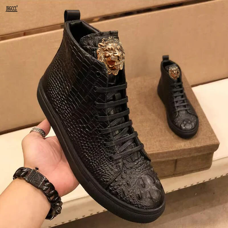 

Leather high-top sneakers for men, luxury style, crocodile pattern, premium casual shoes, padded for warmth, soft sole A1