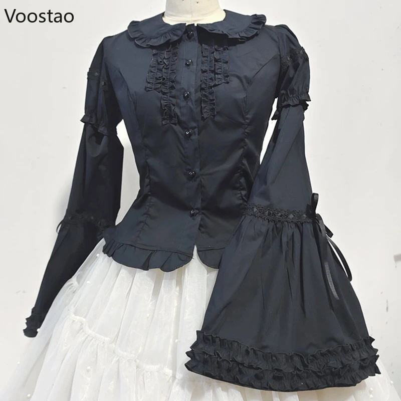 Victorian Gothic Lolita Shirts Women Sweet Elegant Detachable Long Sleeves Blouses Japanese Vinatge Peter Pan Collar Slim Tops