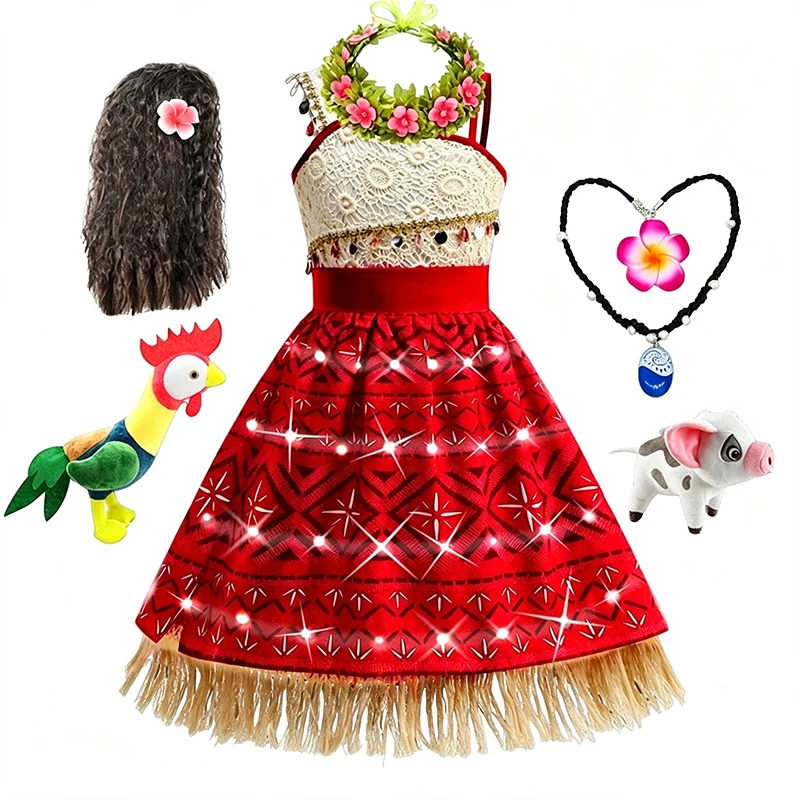 Girls Polynesian Tropical Cosplay Dress with LED Light Lace Kids Princess Outfit for Birthday Theme Party Costume